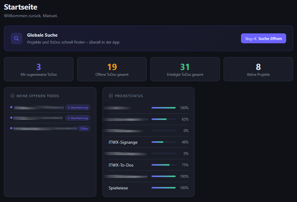 Dashboard / Projektübersicht – ITWX To-Dos