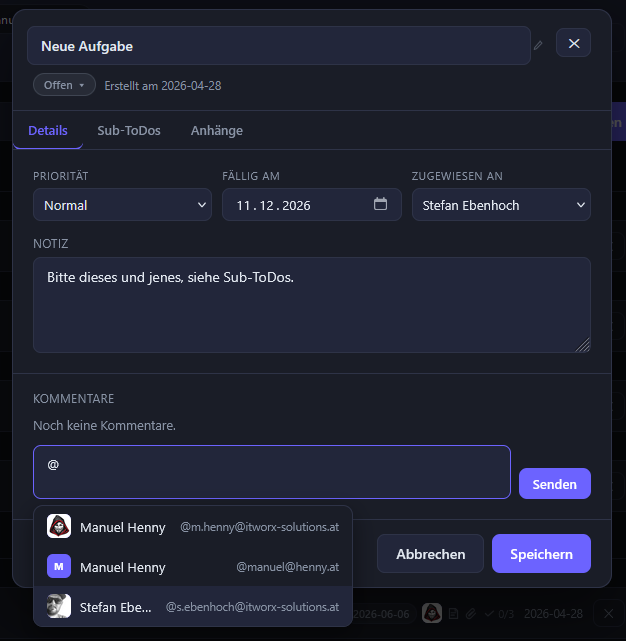 Aufgabe erstellen – ITWX To-Dos
